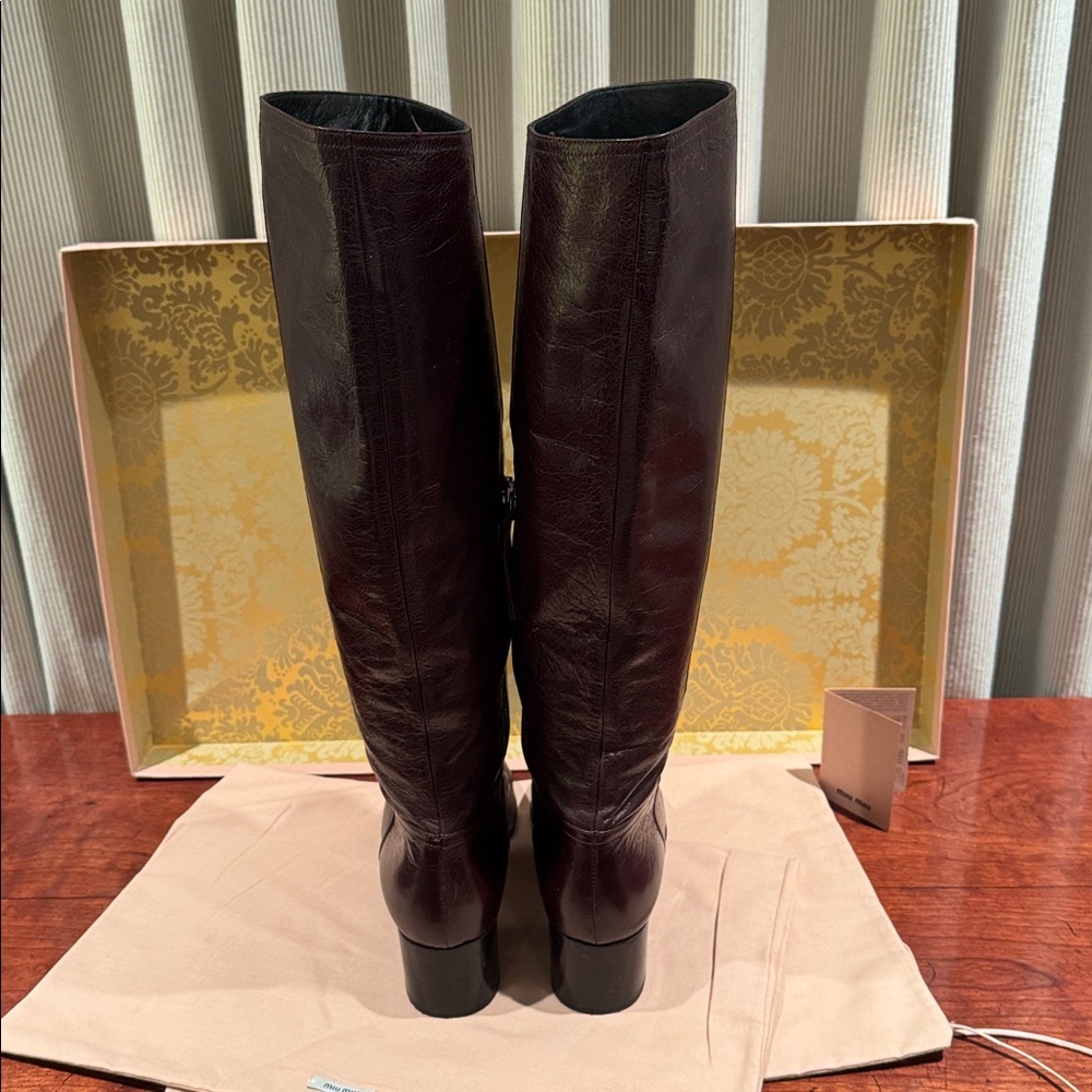 MIU MIU VITELLO SHINE BROWN TALL LEATHER BOOTS SIZE EU 37.5 - Picture 5 of 12